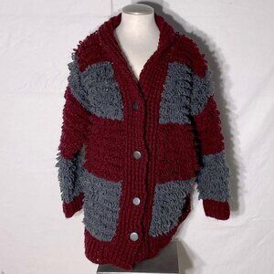 Hand Knit Burgundy Grey Striped Loopy Stitch Knit Button Up Cardigan XXL
